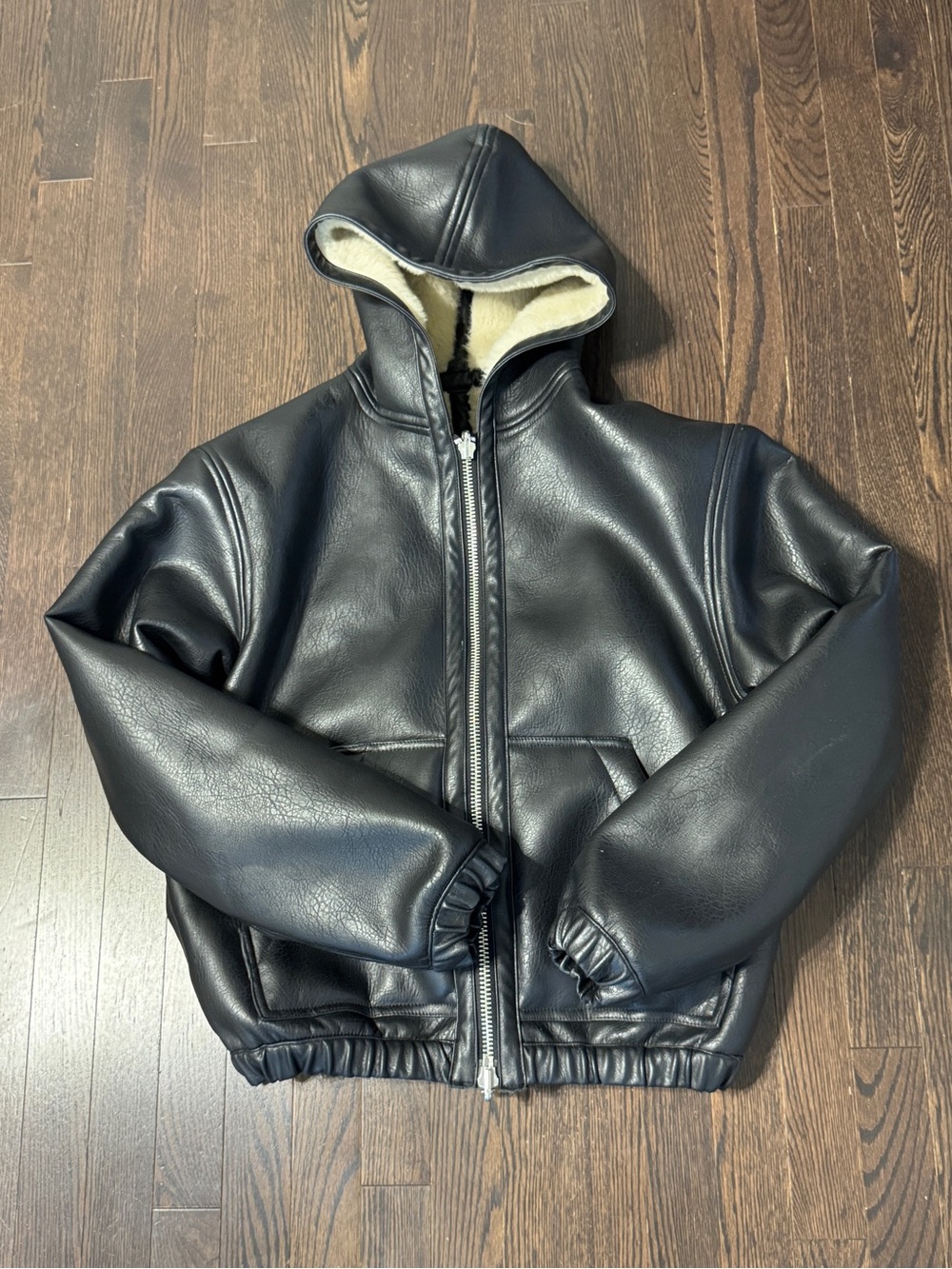 Black Faux Leather Hooded Jacket with Cream Sherpa Lining